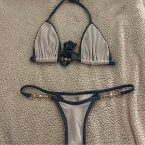 Blue and White Bikini with Pearl Accents